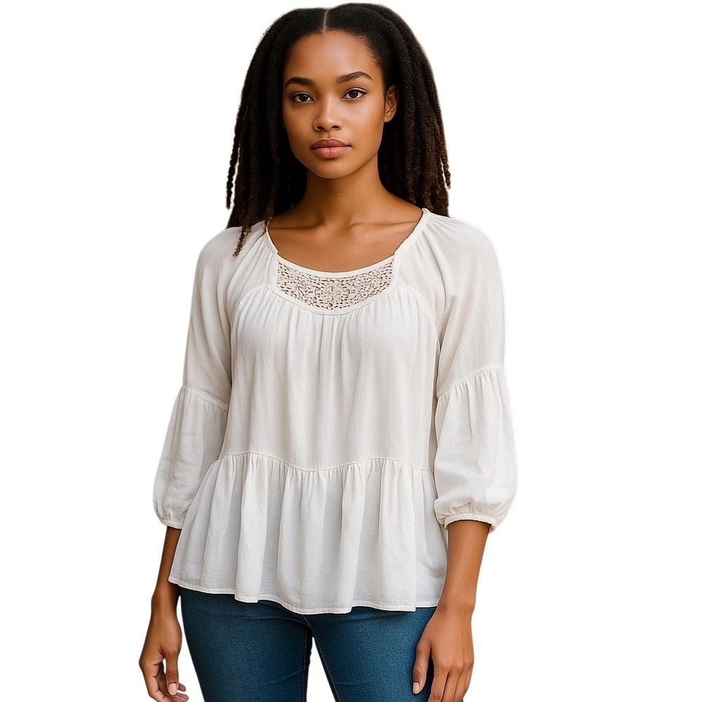 Gauzy Off White‎ Ivory Lace Ruffle Boho Fairy Tunic Blouse Top EnCreme Sz Large